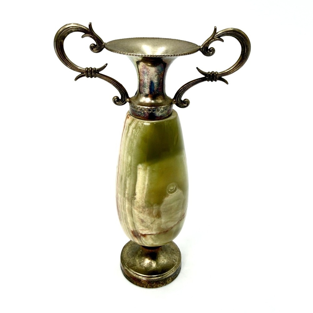 Vintage Onyx and Silver Tone Metal Small Urn Vase Dual Scroll Handles 5.5 Inch
